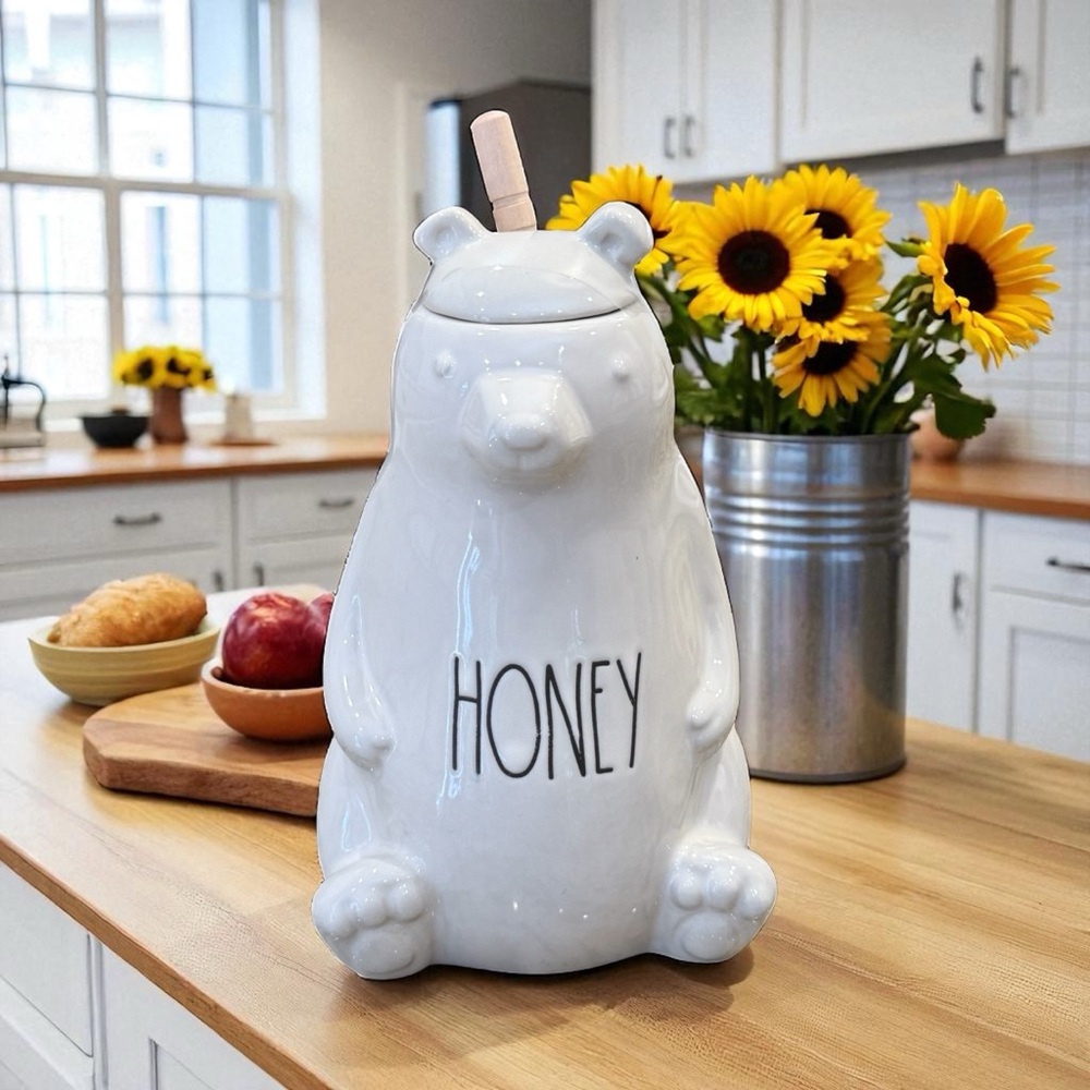 NEW Rae Dunn White Ceramic Bear ‘HONEY’ Pot
With Wood Dipper - Approx 9 Inches